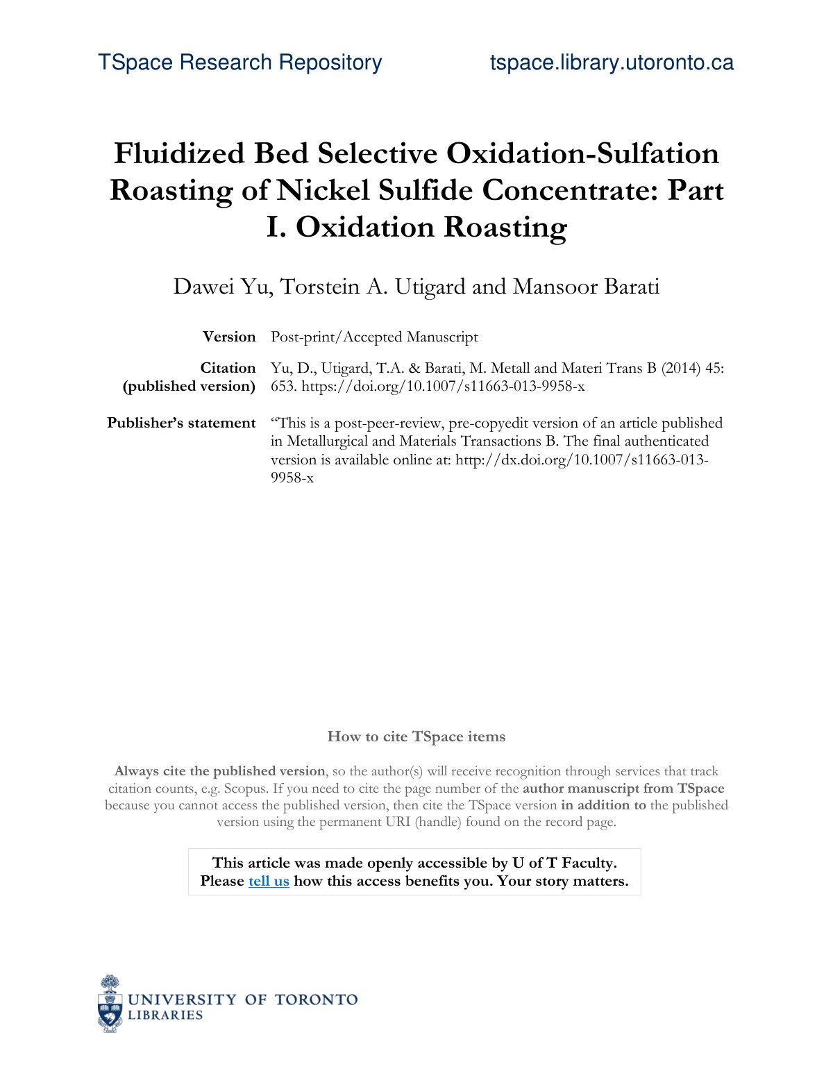 First page of Fluidized Bed Selective Oxidation-Sulfation Roasting of Nickel Sulfide Concentrate: Part I. Oxidation Roasting