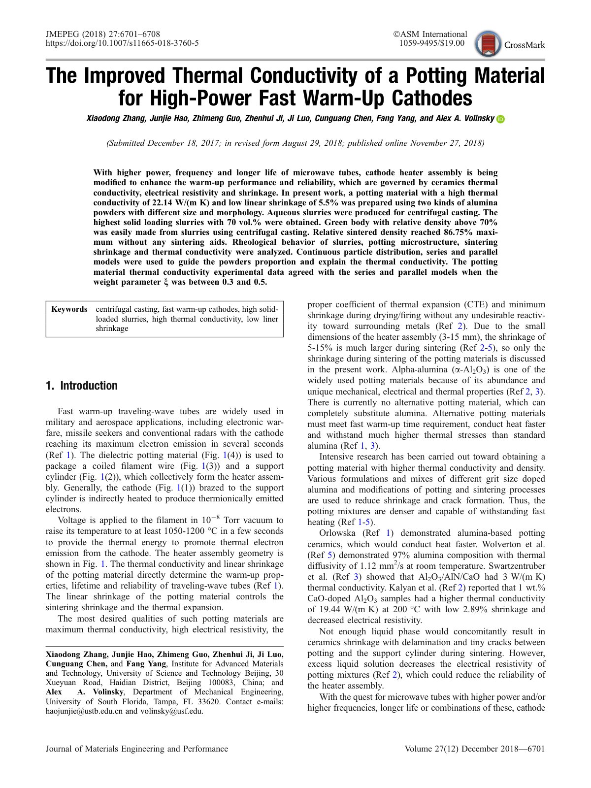 First page of The Improved Thermal Conductivity of a Potting Material for High-Power Fast Warm-Up Cathodes
