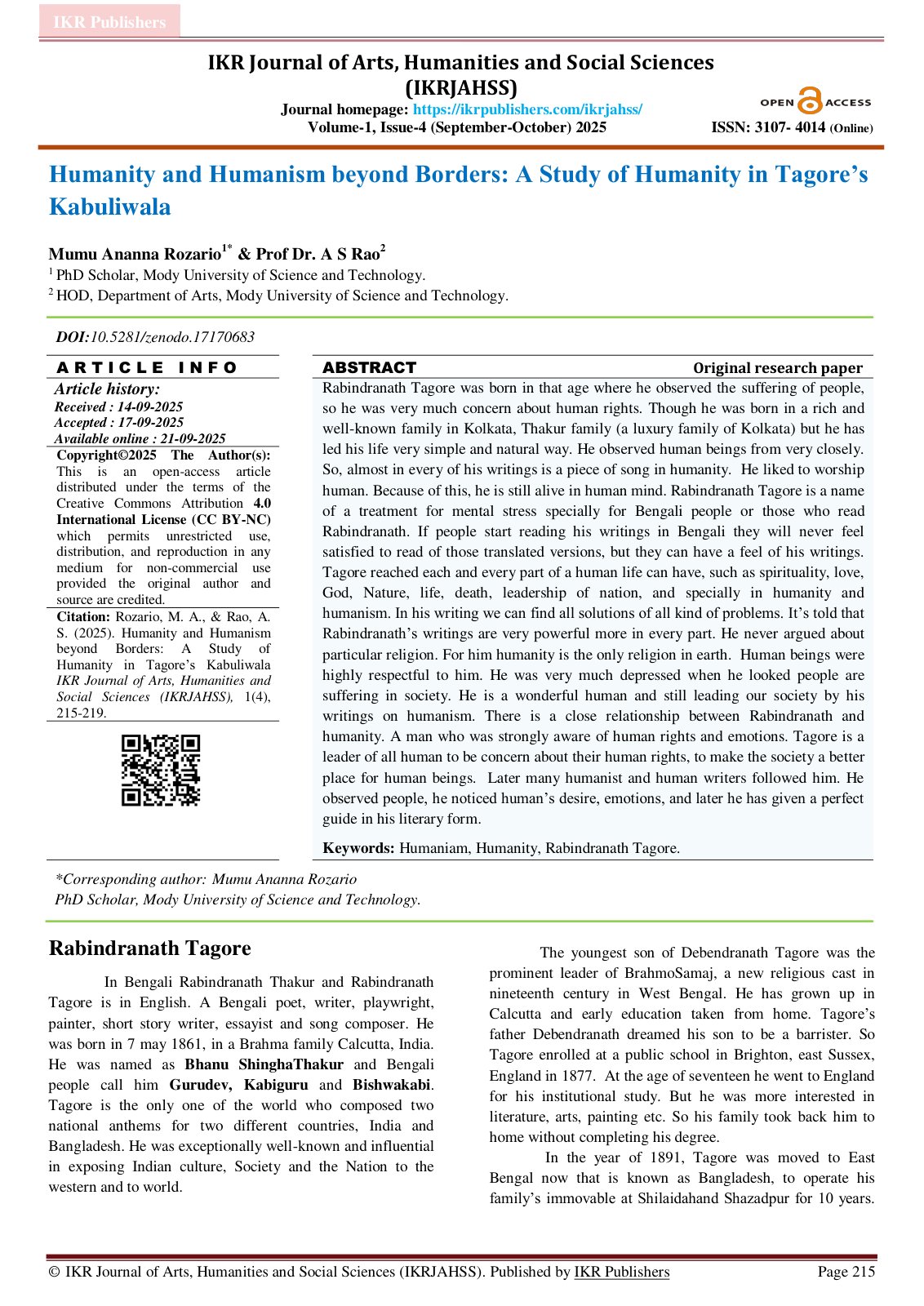 First page of Humanity and Humanism beyond Borders A S