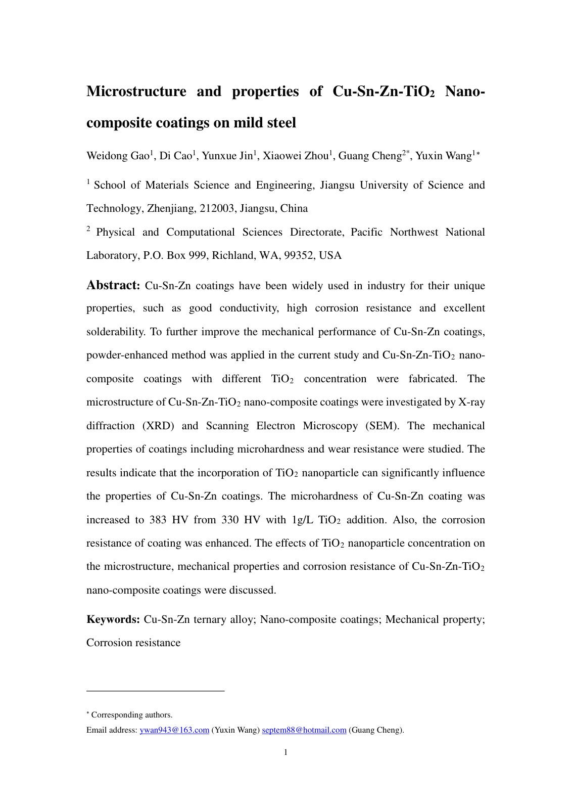 First page of Microstructure and properties of Cu-Sn-Zn-TiO2 Nano-