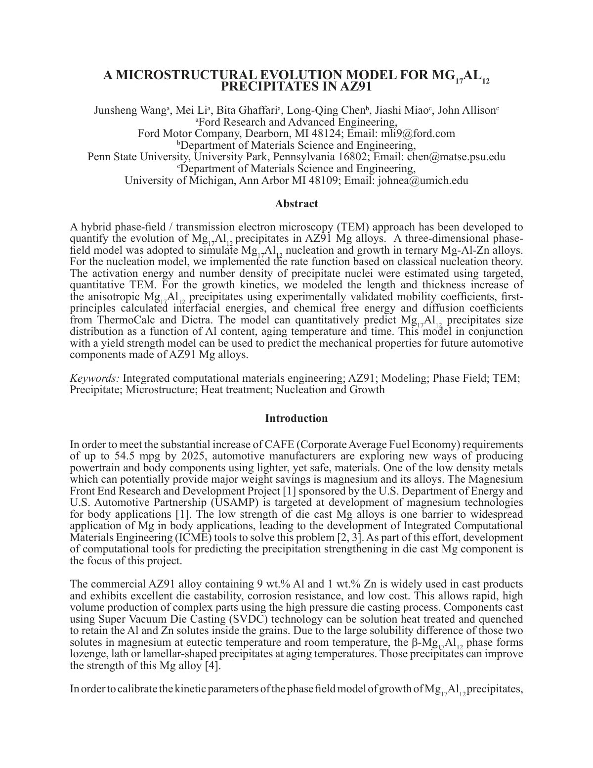 First page of A MICROSTRUCTURAL EVOLUTION MODEL FOR MG17AL12 PRECIPITATES IN AZ91