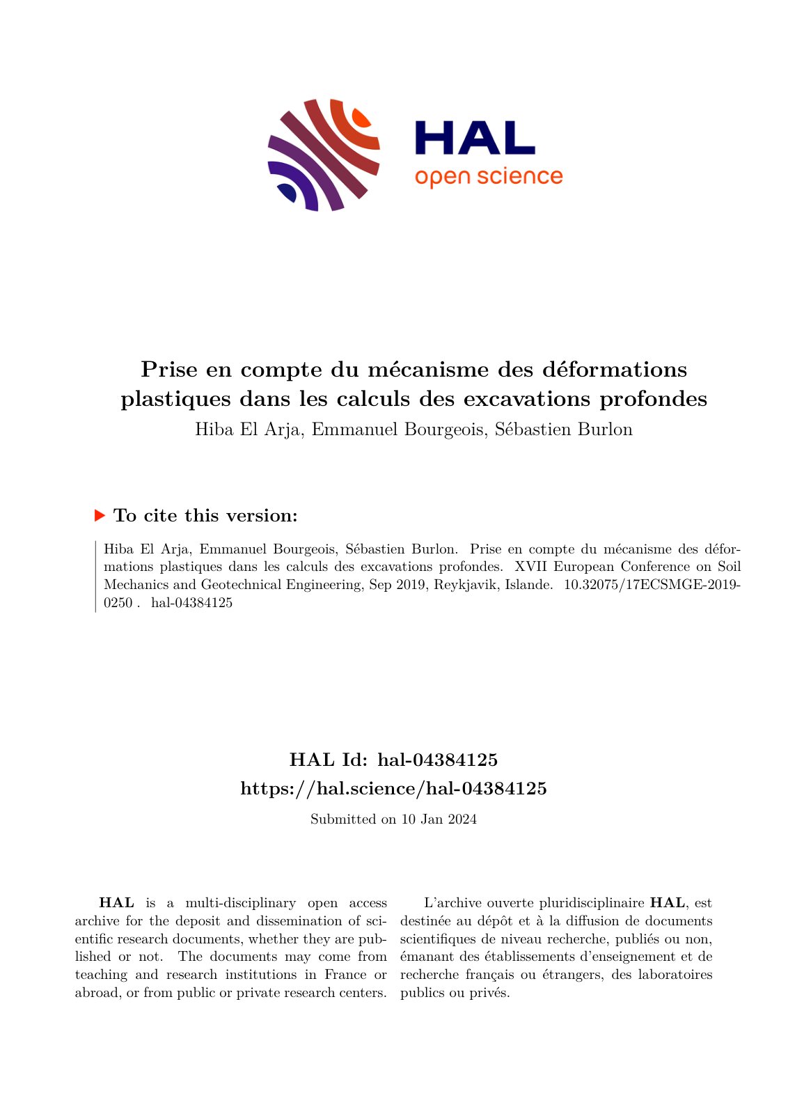 First page of Prise en compte du mécanisme des déformations plastiques dans les calculs des excavations profondes