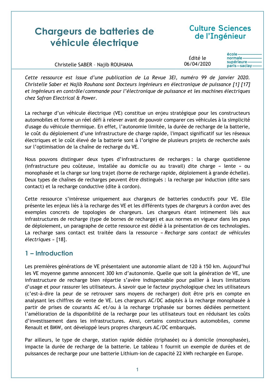 First page of Chargeurs de batteries de véhicule électrique