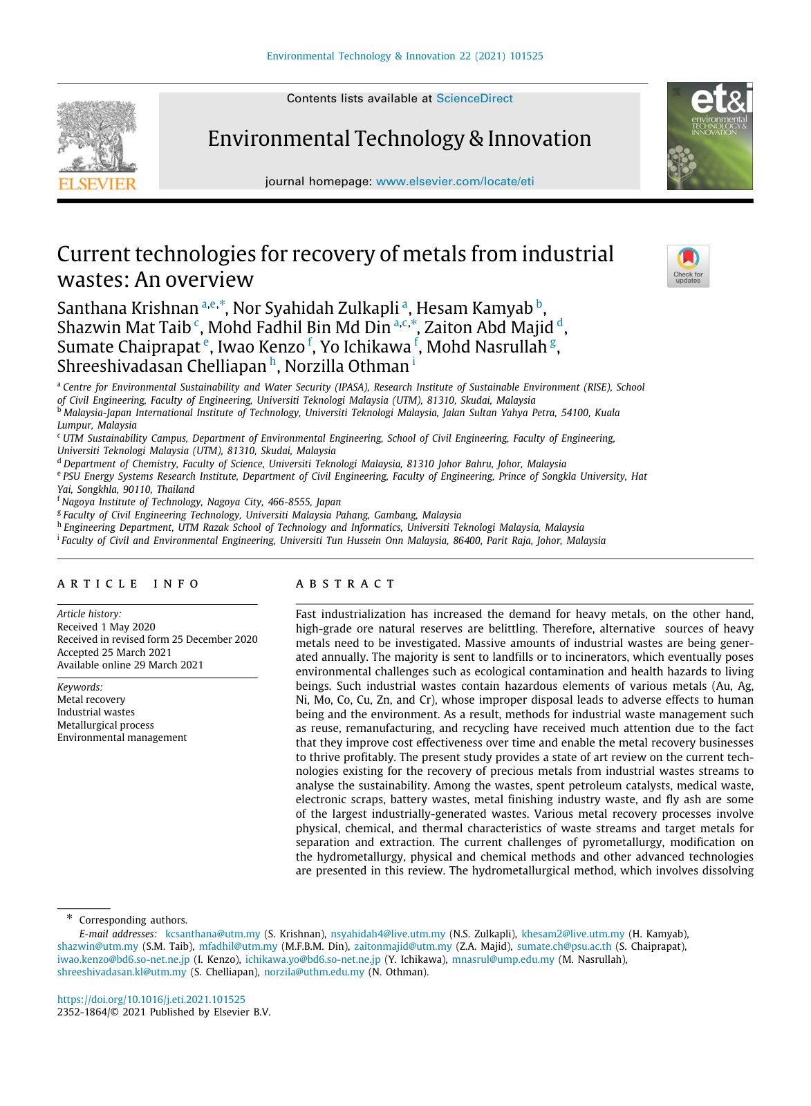 First page of Current technologies for recovery of metals from industrial wastes: An overview