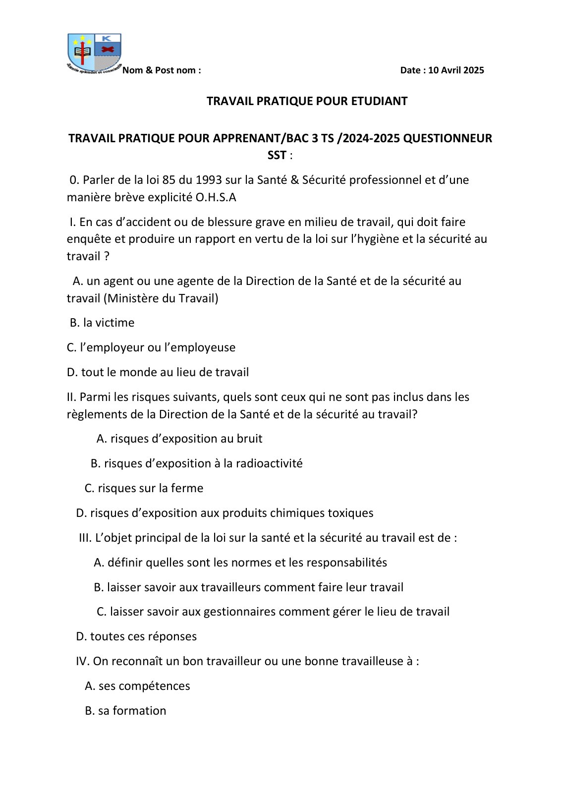 First page of TPE Numero 2 SST BAC 3 TS