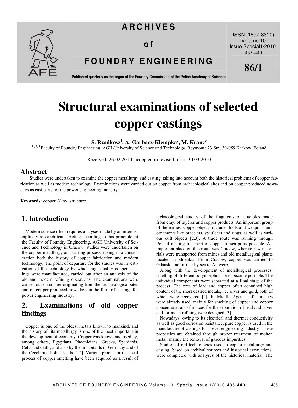 First page of Structural examinations of selected copp