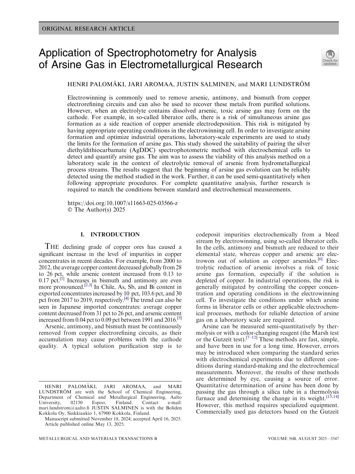 First page of Application of Spectrophotometry for Analysis of Arsine Gas in Electrometallurgical Research