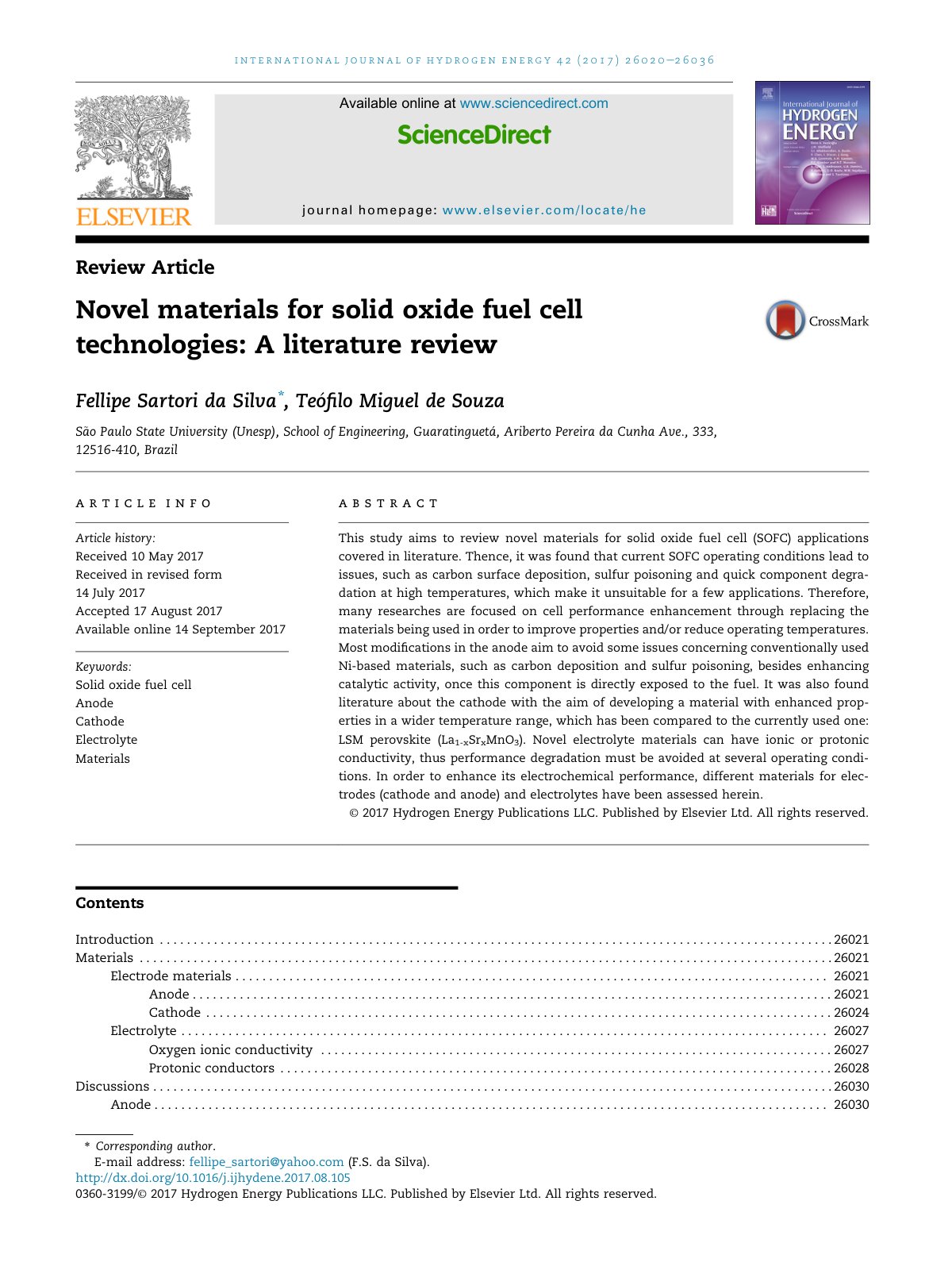 First page of Novel materials for solid oxide fuel cell technologies: A literature review