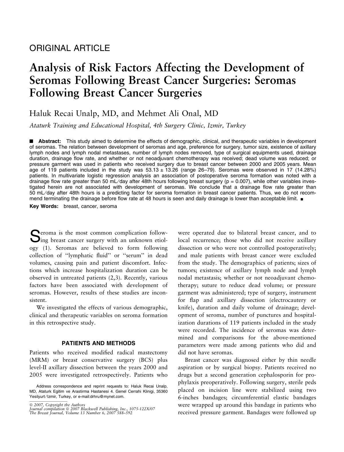 First page of Analysis of Risk Factors Affecting the Development of Seromas Following Breast Cancer Surgeries