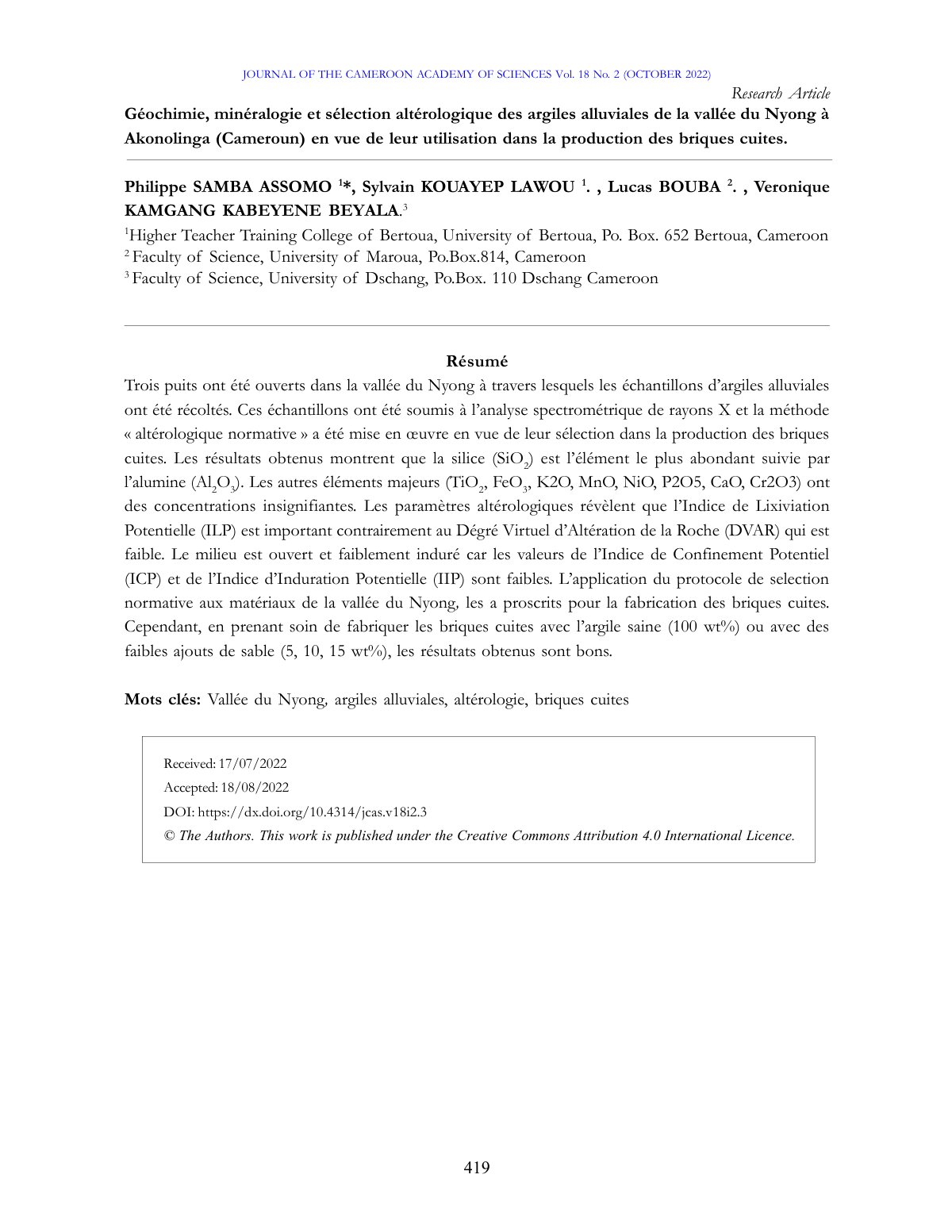 First page of Geochimie mineralogie et selection alter
