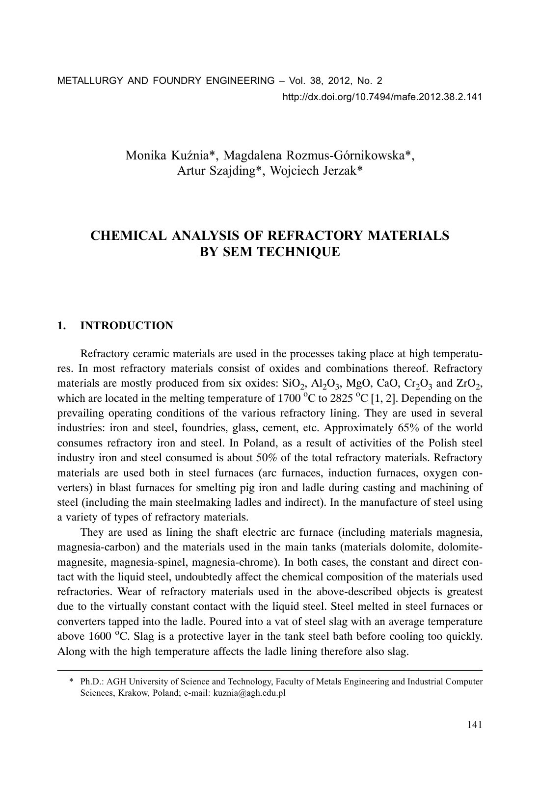 First page of Chemical Analysis of Refractory Material
