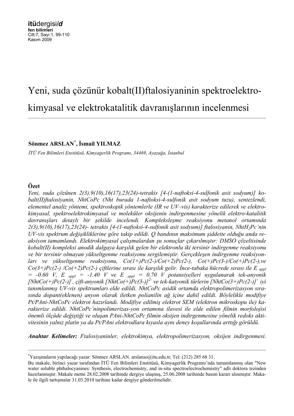 First page of Yeni, suda çözünen 2(3),9(10),16(17),23(24)-tetrakis [4-(1-naftoksi-4-sulfonik asit sodyum)] kobalt(II)ftalosiyanin