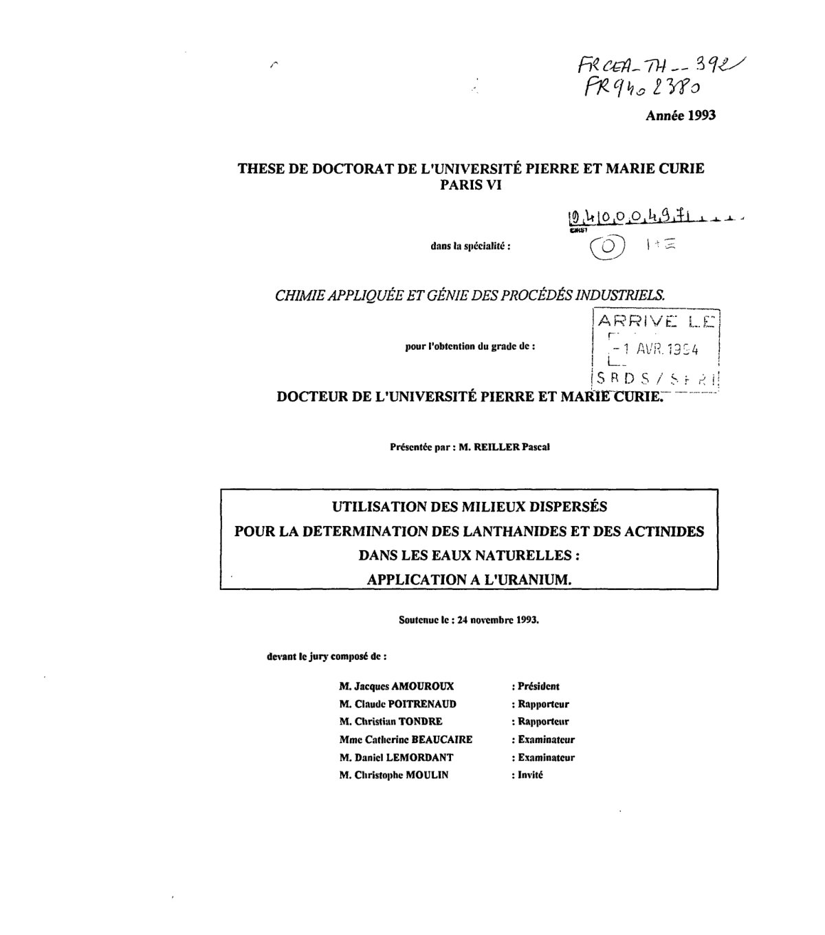 First page of Utilisation des milieux dispersés pour la détermination des lanthanides et des actinides dans les eaux naturelles : application à l'uranium
