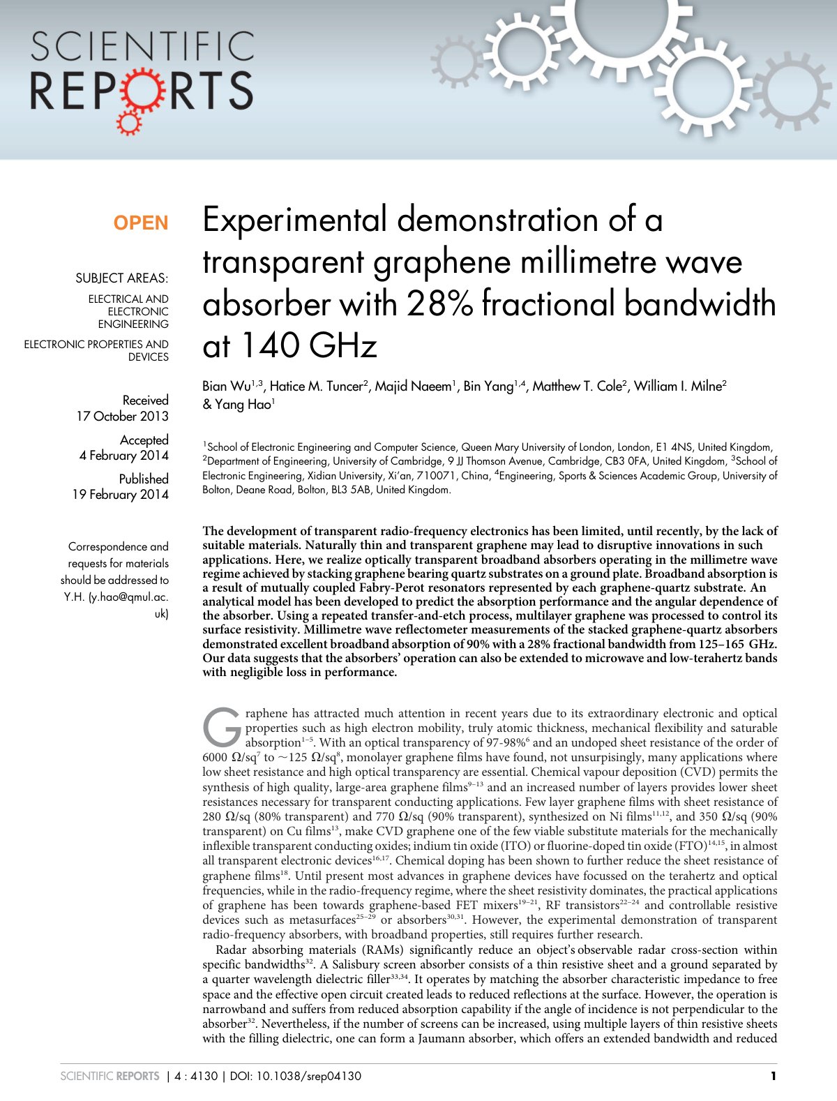 First page of Experimental demonstration of a transparent graphene millimetre wave absorber with 28% fractional bandwidth at 140 GHz