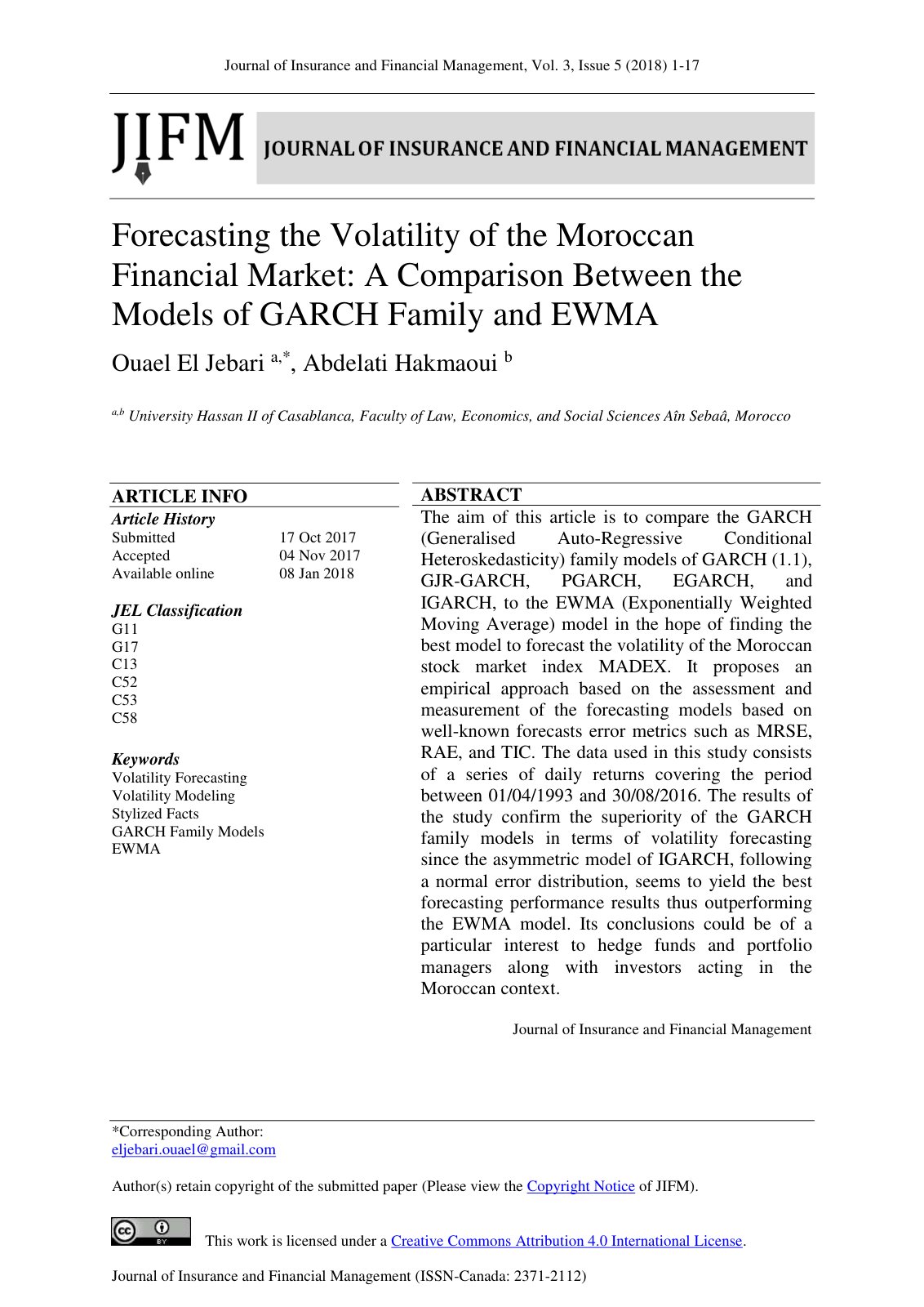 First page of Forecasting the Volatility of the Morocc