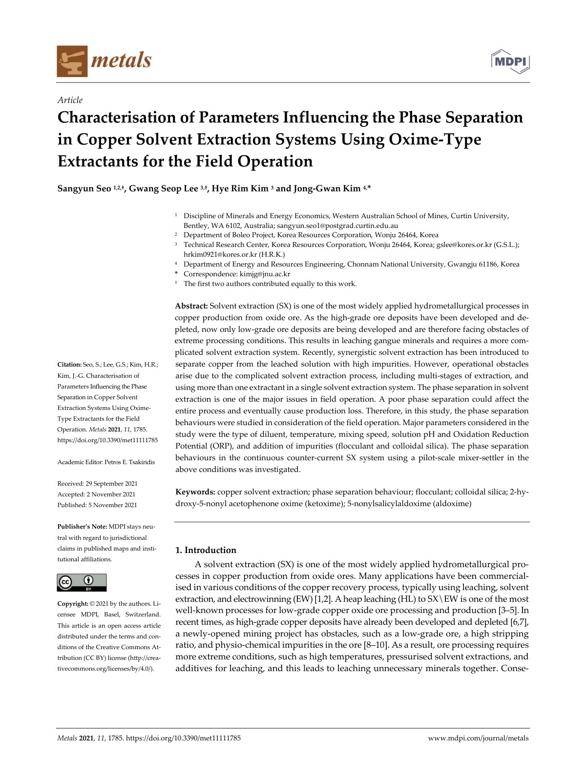 First page of Characterisation of Parameters Influencing the Phase Separation in Copper Solvent Extraction Systems Using Oxime‐Type Extractants for the Field Operation