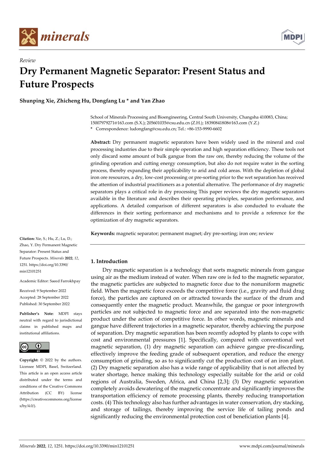 First page of Dry Permanent Magnetic Separator: Present Status and Future Prospects
