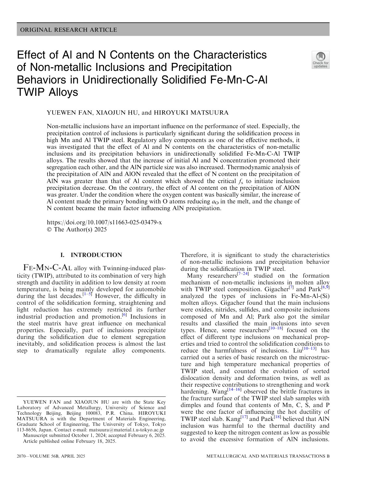 First page of 2025 Fan TWIP Alloy Inclusions Solidification