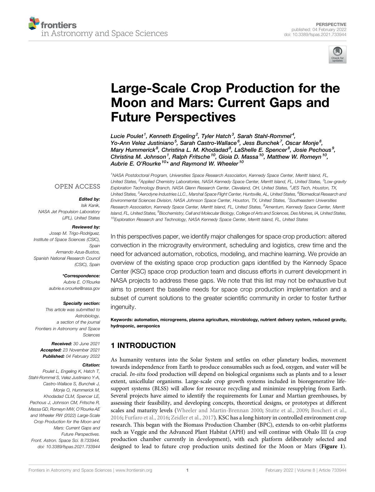 First page of Large Scale Crop Production for the Moon