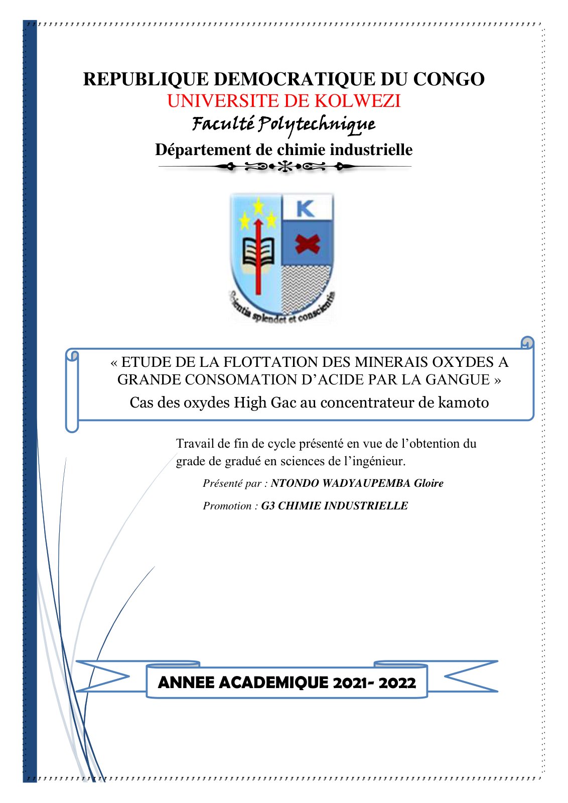 First page of ETUDE DE LA FLOTTATION DES MINERAIS OXYDES A GRANDE CONSOMATION D’ACIDE PAR LA GANGUE
