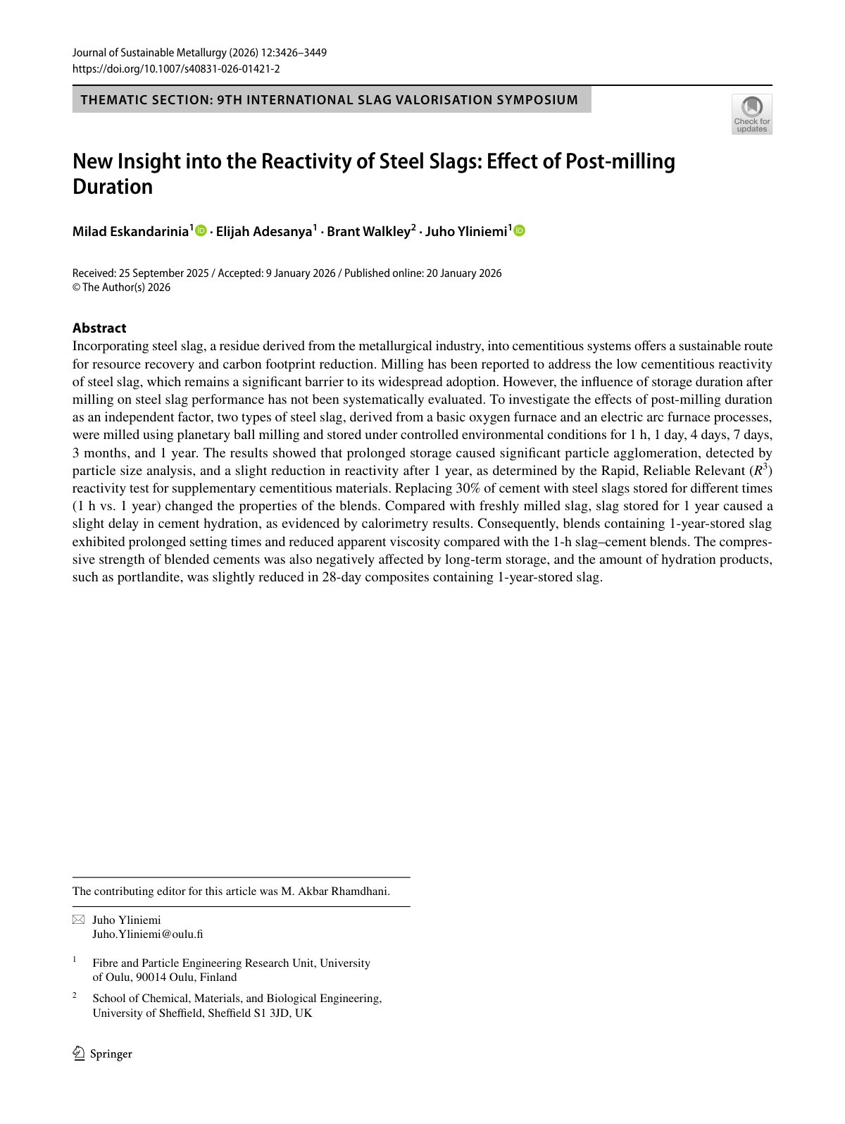 First page of 2026 Eskandarinia Steel Slag Post Milling Reactivity