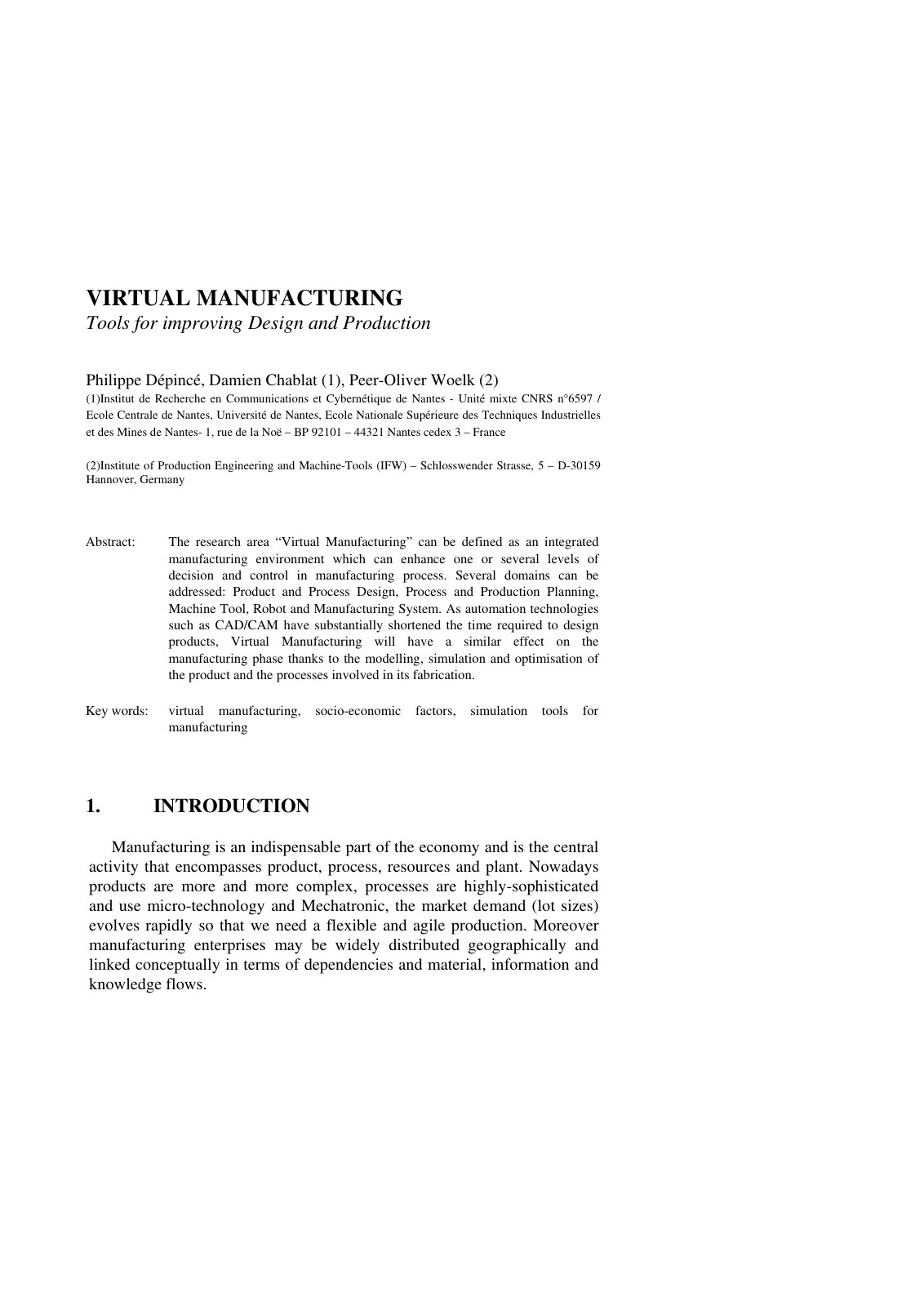 First page of VIRTUAL MANUFACTURING Tools for improving Design and Production