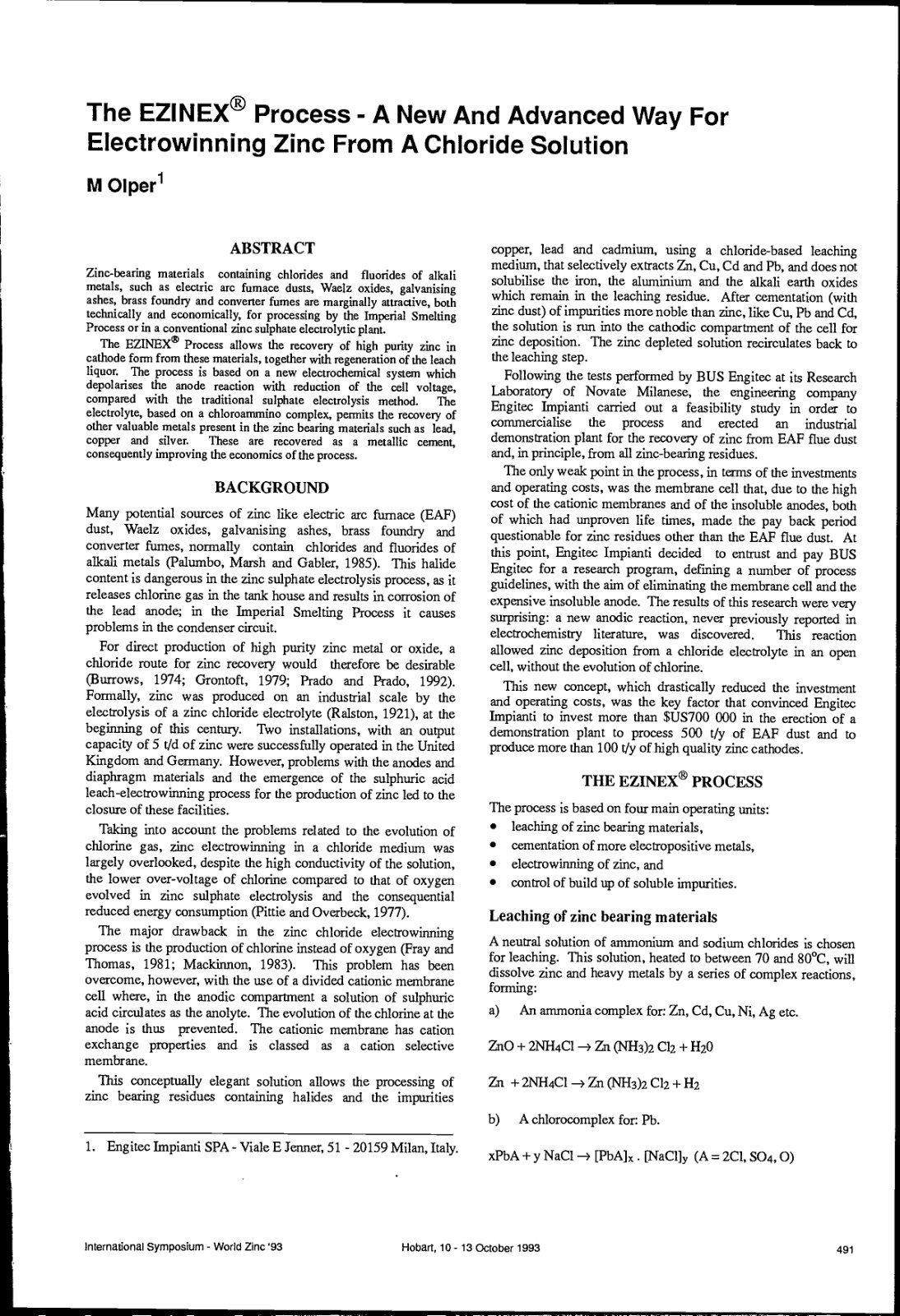 First page of The EZINEX  Process   Process   A New and Advanced Way for Electrowinning Zinc From a Chloride Solution
