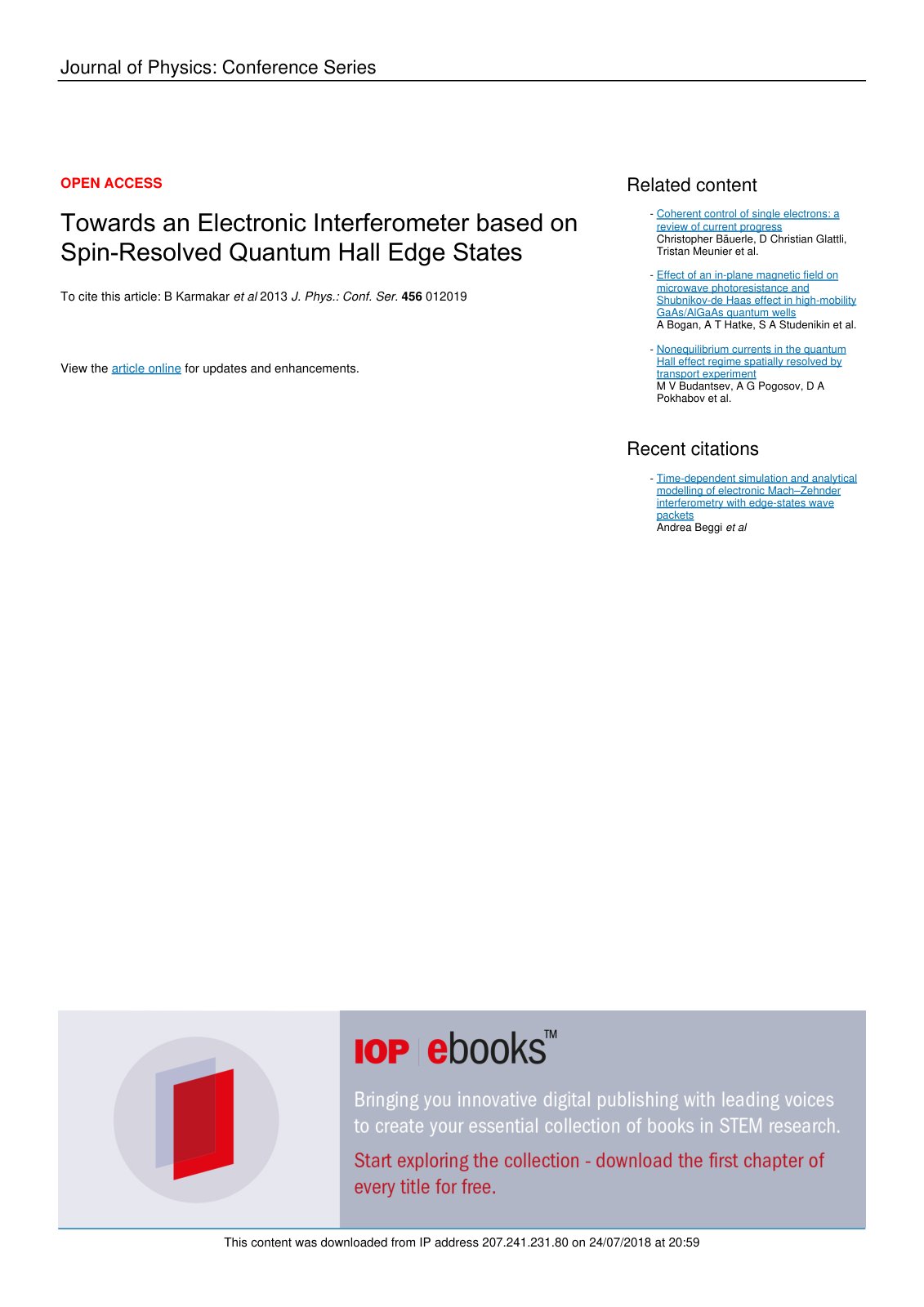 First page of Towards an Electronic Interferometer based on Spin-Resolved Quantum Hall Edge States