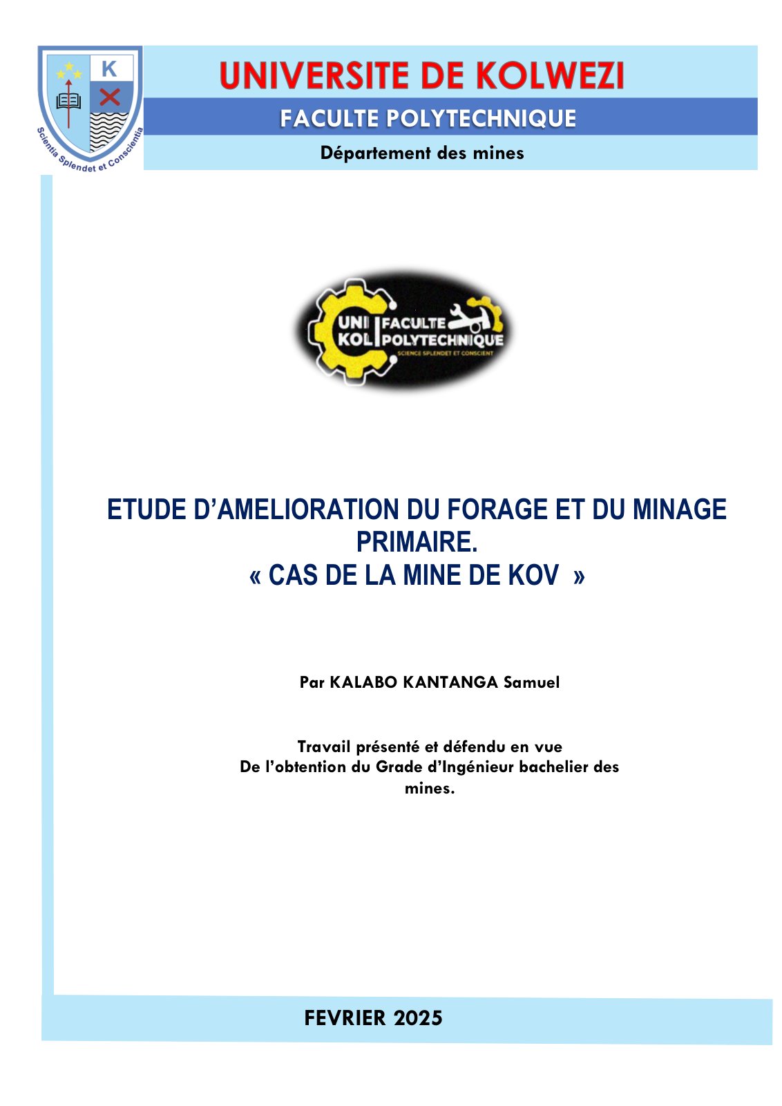 First page of ETUDE D’AMELIORATION DU FORAGE ET DU MINAGE PRIMAIRE. « CAS DE LA MINE DE KOV »