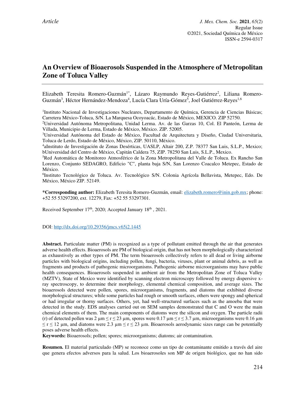 First page of An Overview of Bioaerosols Suspended in the Atmosphere of Metropolitan Zone of Toluca Valley