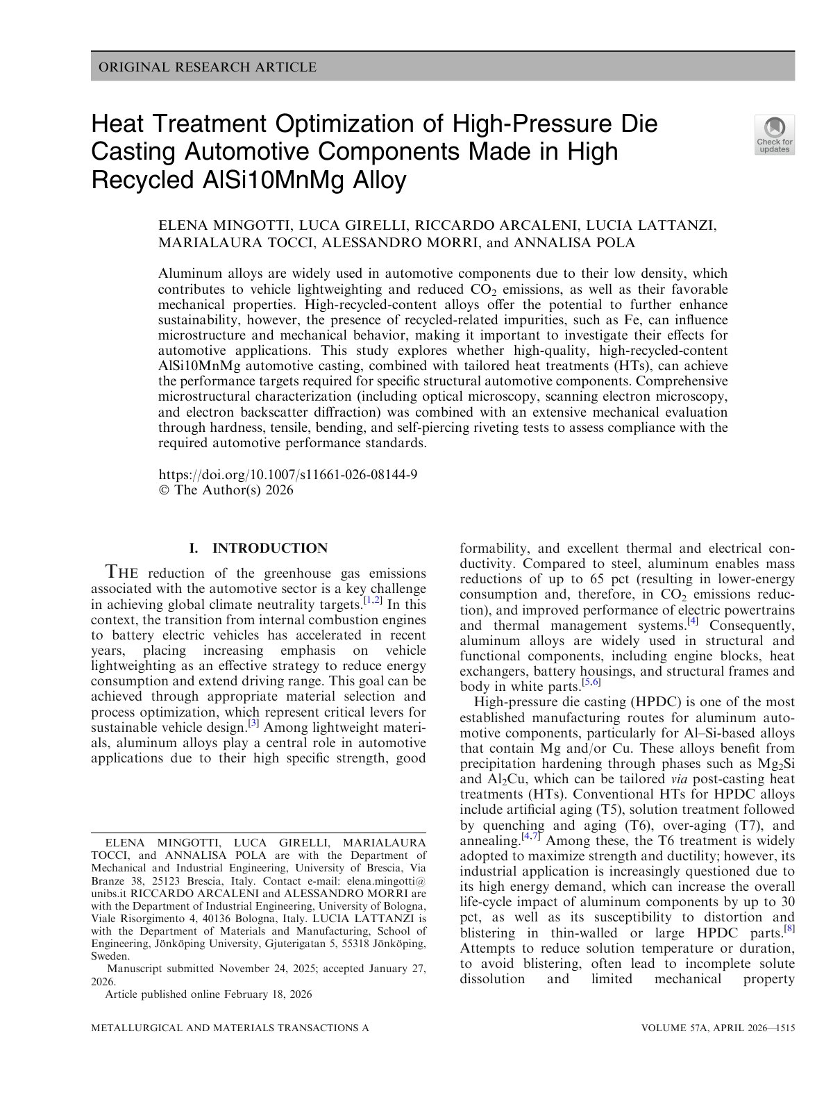 First page of Heat Treatment Optimization of High-Pressure Die Casting Automotive Components Made in High Recycled AlSi10MnMg Alloy