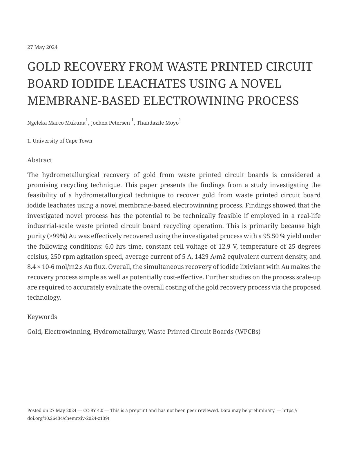 First page of GOLD RECOVERY FROM WASTE PRINTED CIRCUIT BOARD IODIDE LEACHATES USING A NOVEL MEMBRANE-BASED ELECTROWINING PROCESS