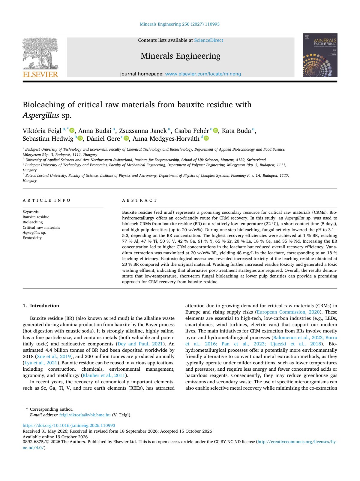 First page of Bioleaching of critical raw materials from bauxite resid 2027 Minerals Engin