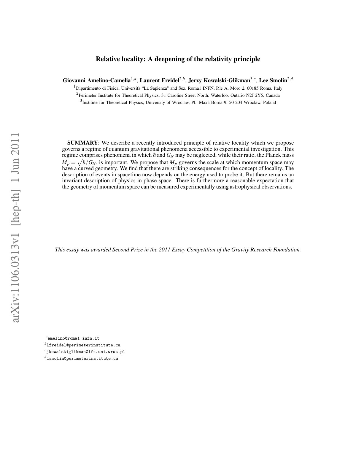 First page of Relative locality a deepening of the rel