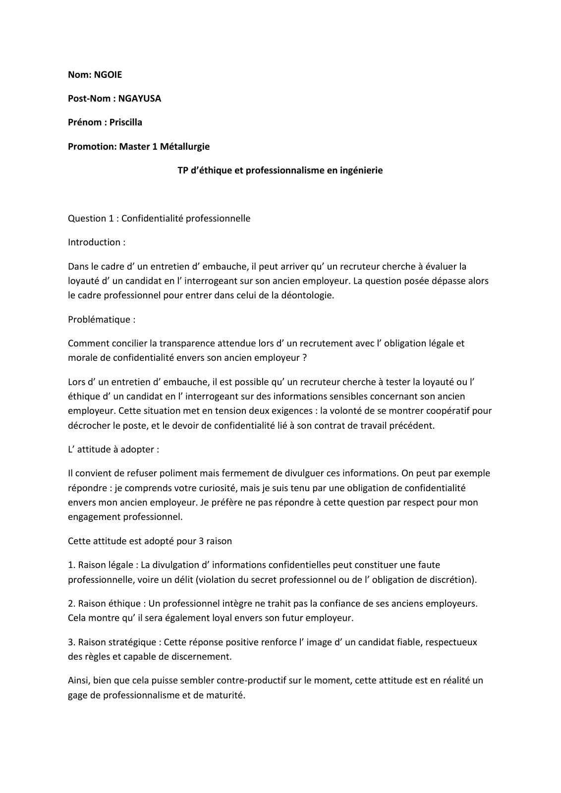 First page of TP 2 Ngoie Ngayusa TP d'éthique