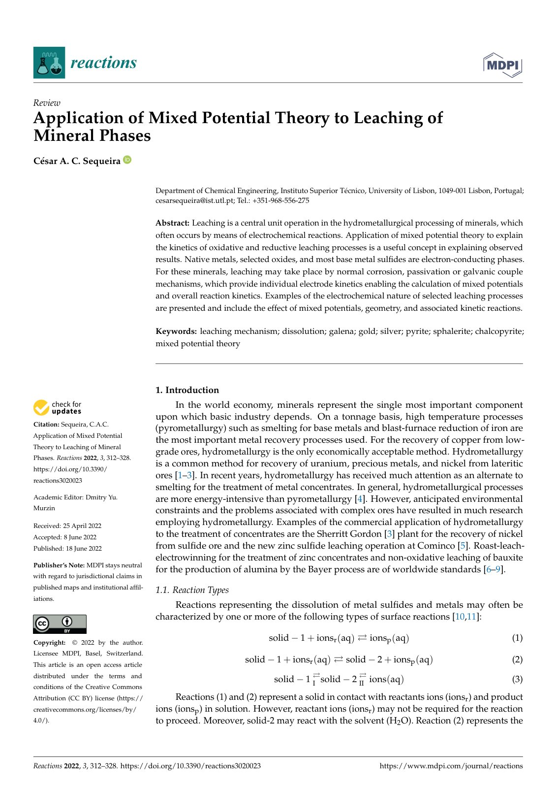 First page of Application of Mixed Potential Theory to Leaching of Mineral Phases