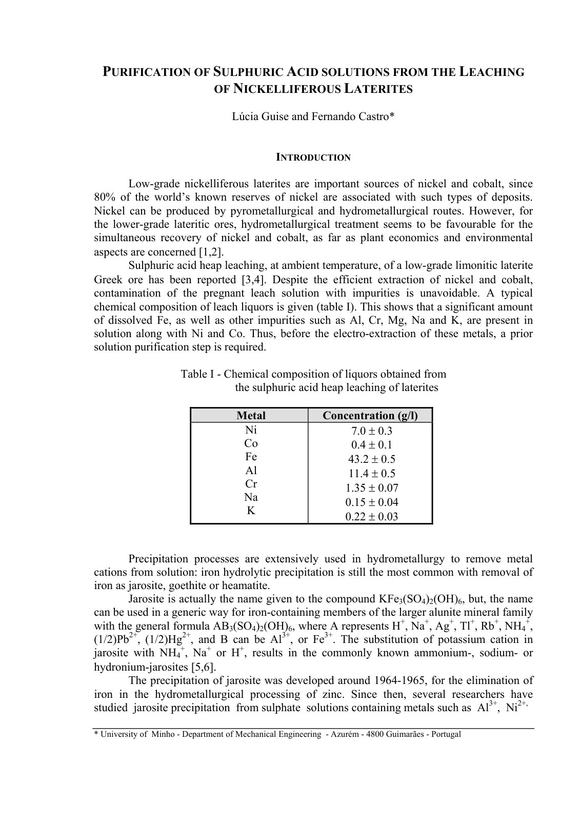 First page of PURIFICATION OF SULPHURIC ACID SOLUTIONS FROM THE LEACHING OF NICKELLIFEROUS LATERITES