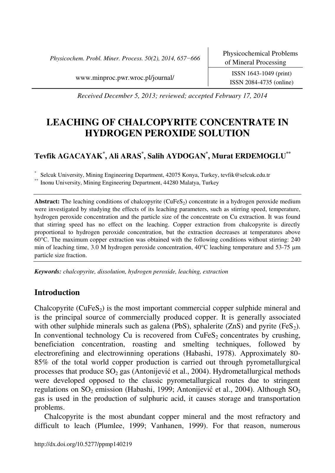 First page of Leaching of Chalcopyrite Concentrate in