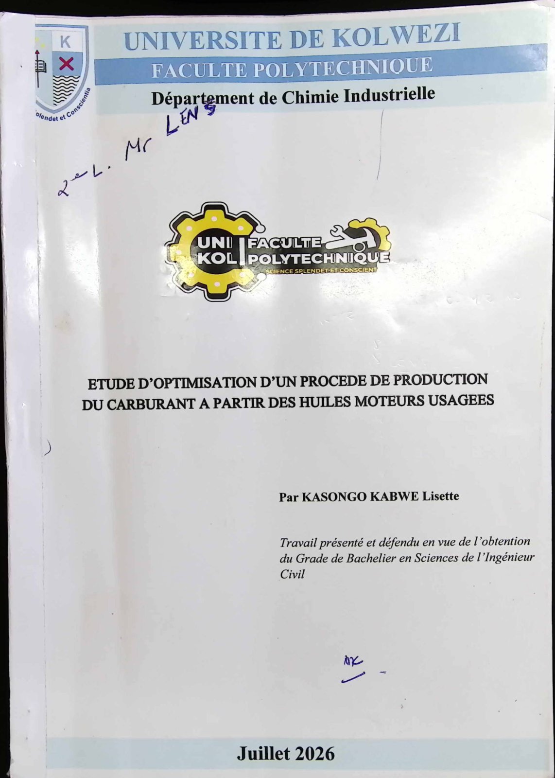 First page of ETUDE D’OPTIMISATION D’UN PROCEDE DE PRODUCTION DU CARBURANT A PARTIR DES HUILES MOTEURS USAGEES