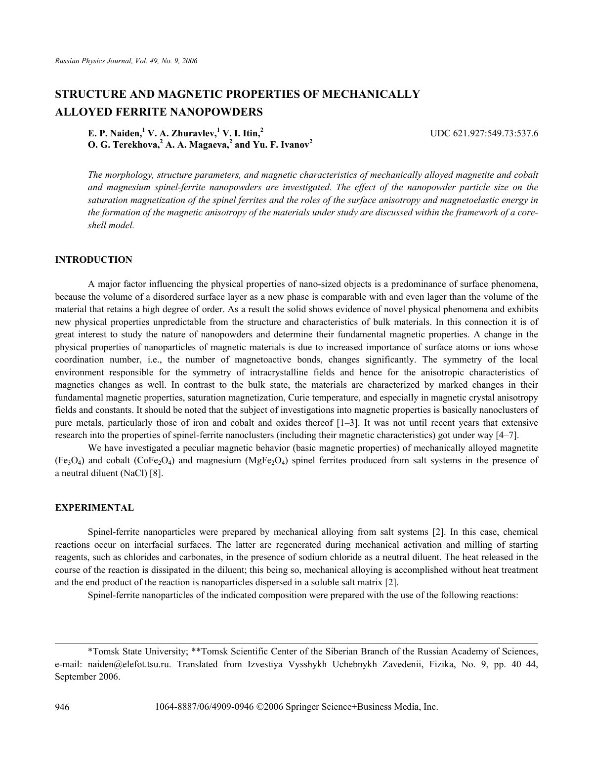 First page of Structure and Magnetic Properties of Mechanically Alloyed Ferrite Nanopowders