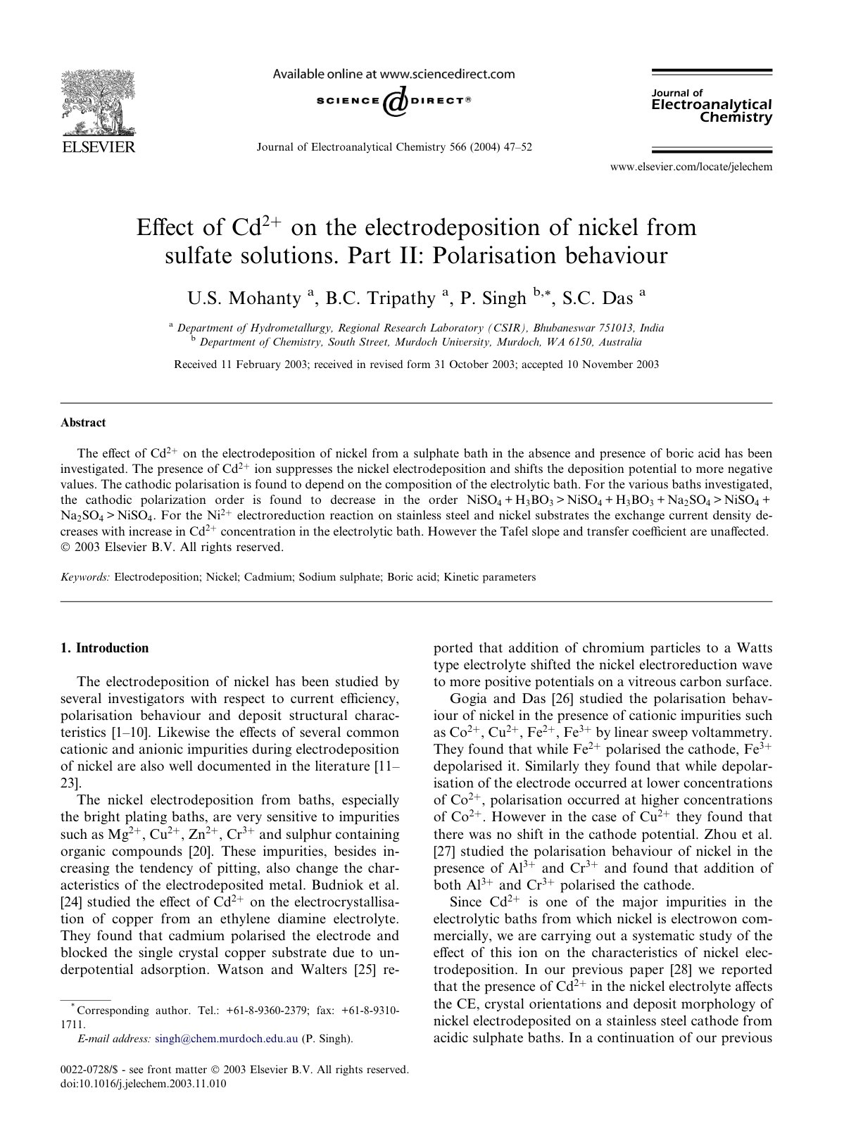 First page of Effect of Cd2 on the electrodeposition o