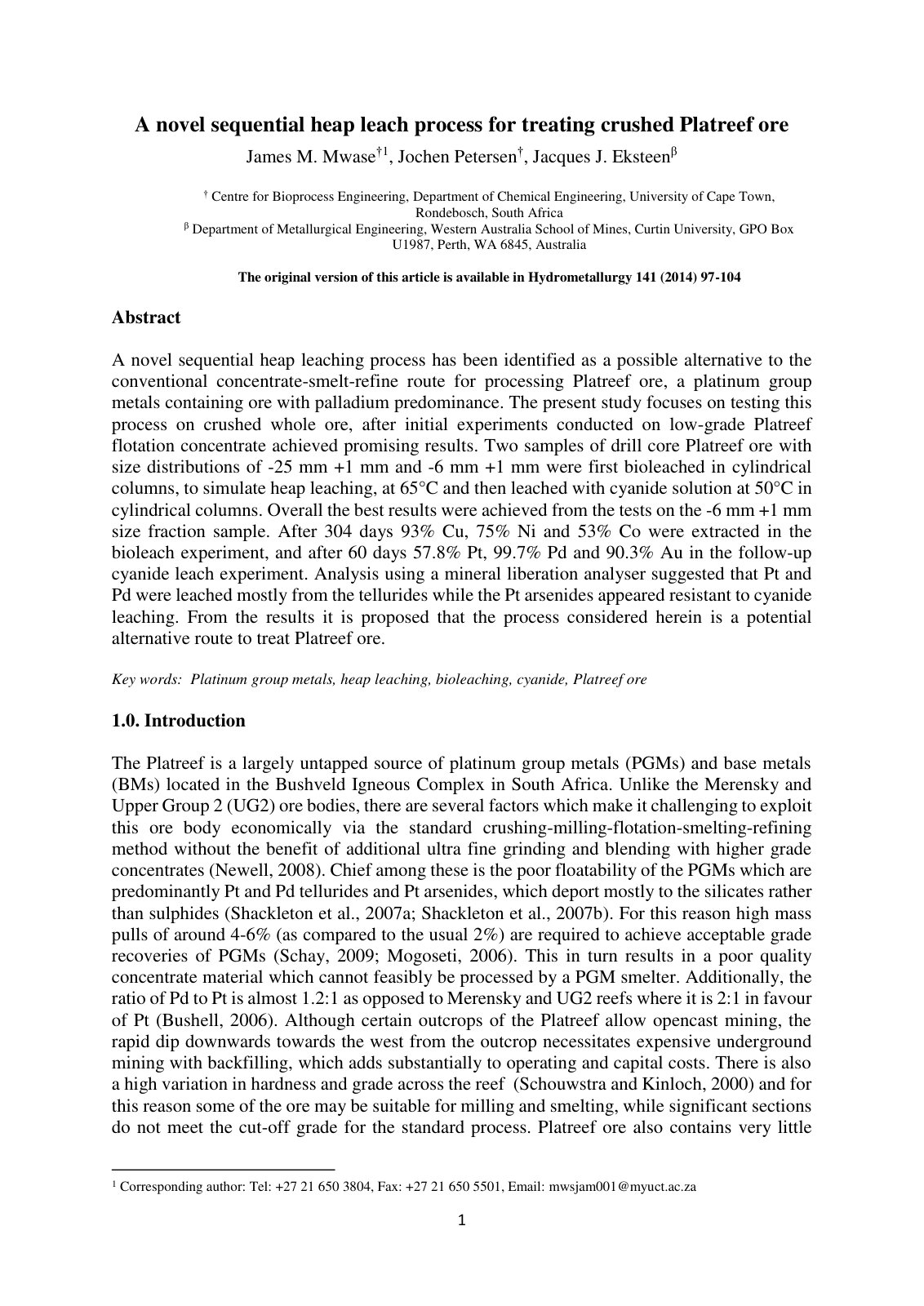 First page of A novel sequential heap leach process fo
