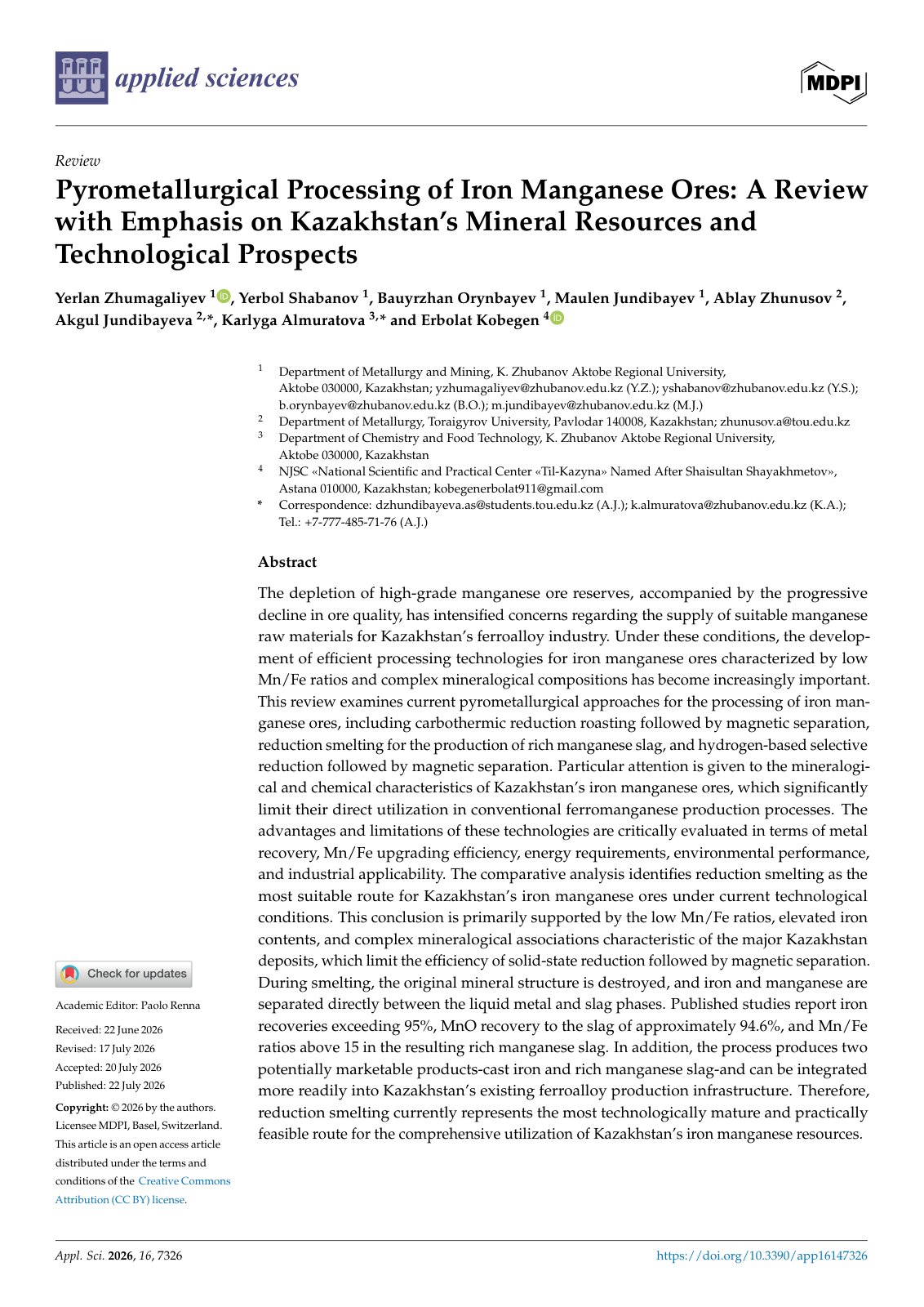 First page of Pyrometallurgical Processing of Iron Manganese Ores: A Review with Emphasis on Kazakhstan’s Mineral Resources and Technological Prospects