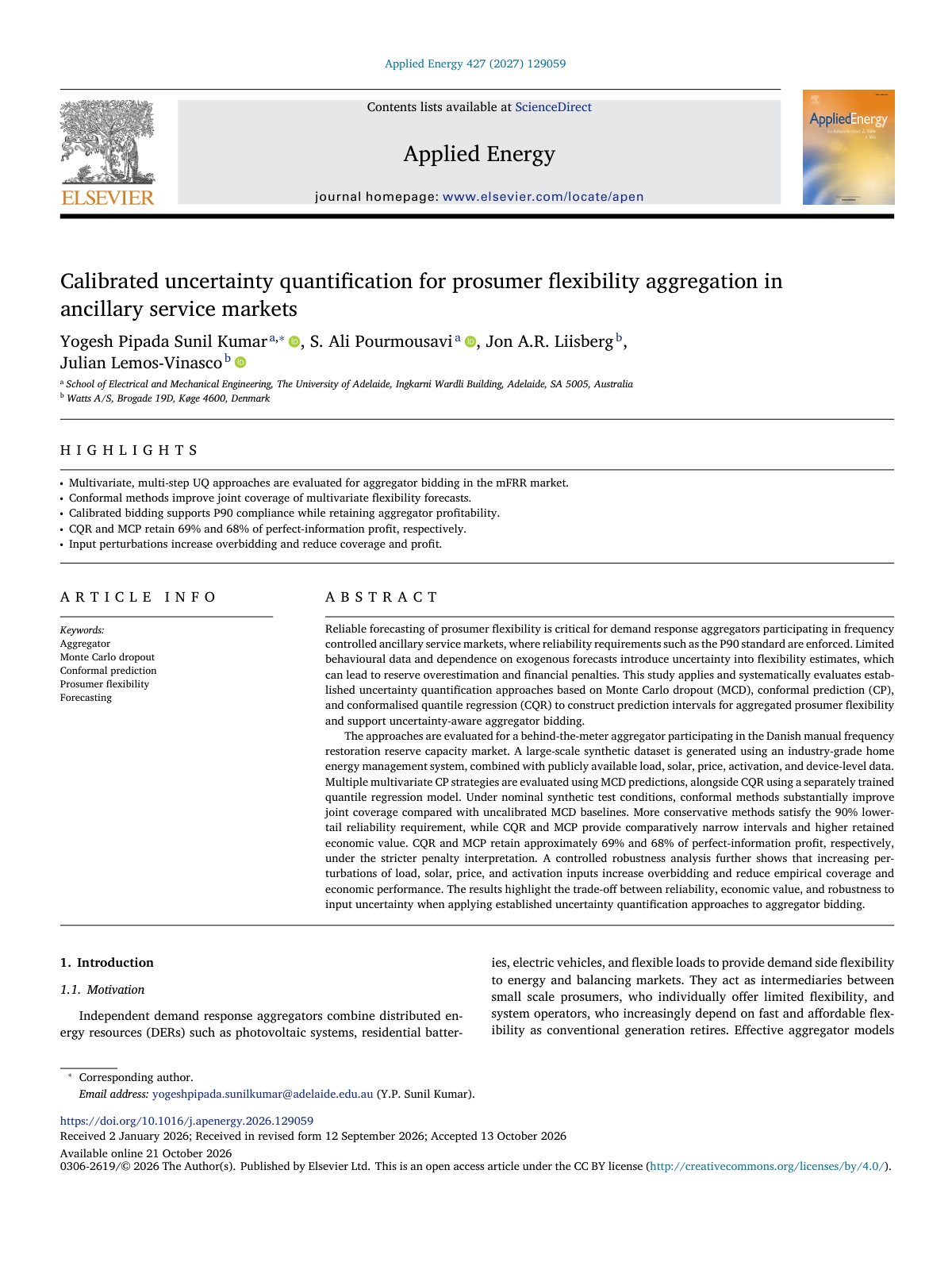 First page of Calibrated uncertainty quantification for prosumer flexibility 2027 Applied 