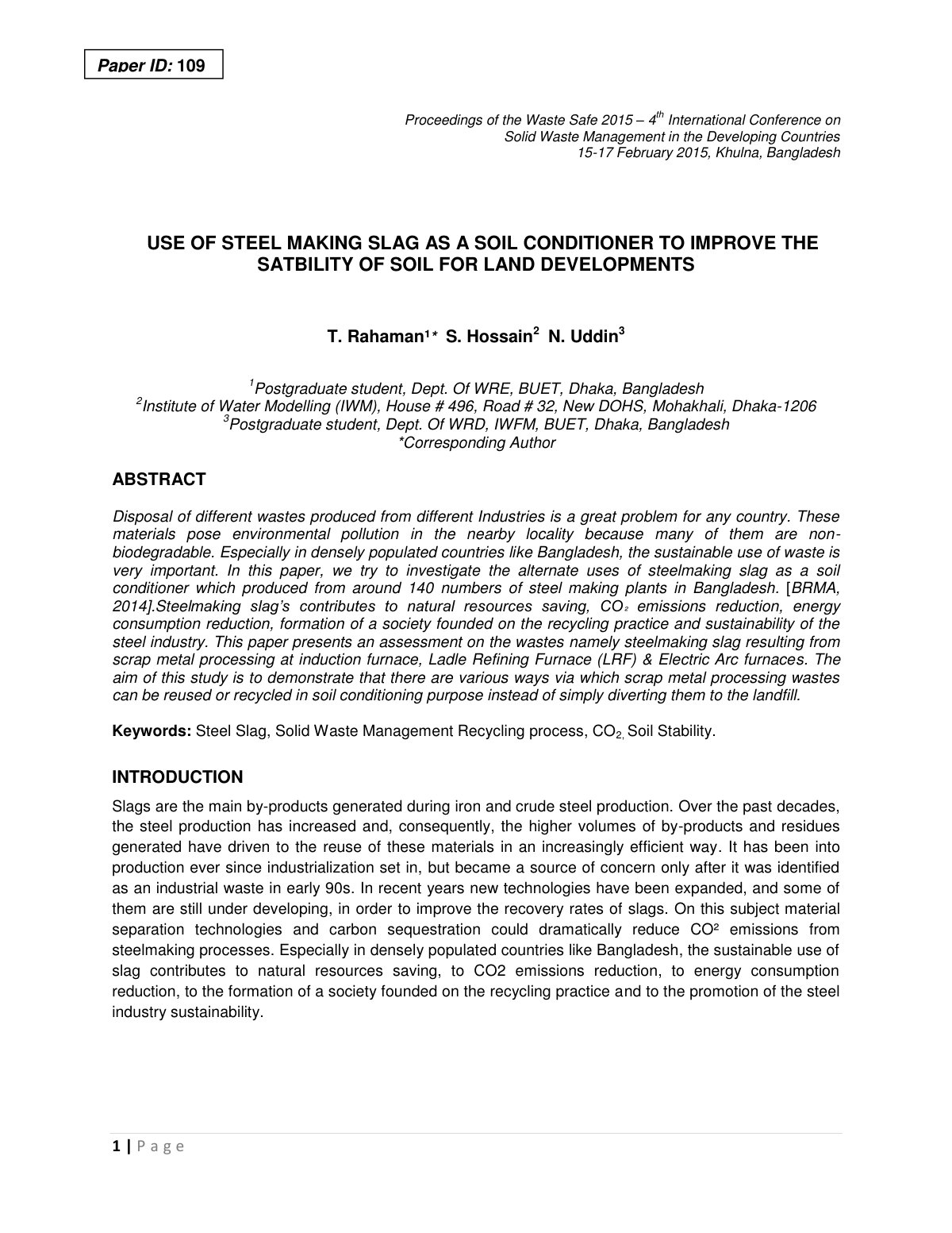 First page of Use of Steel making Slag as a soil condi