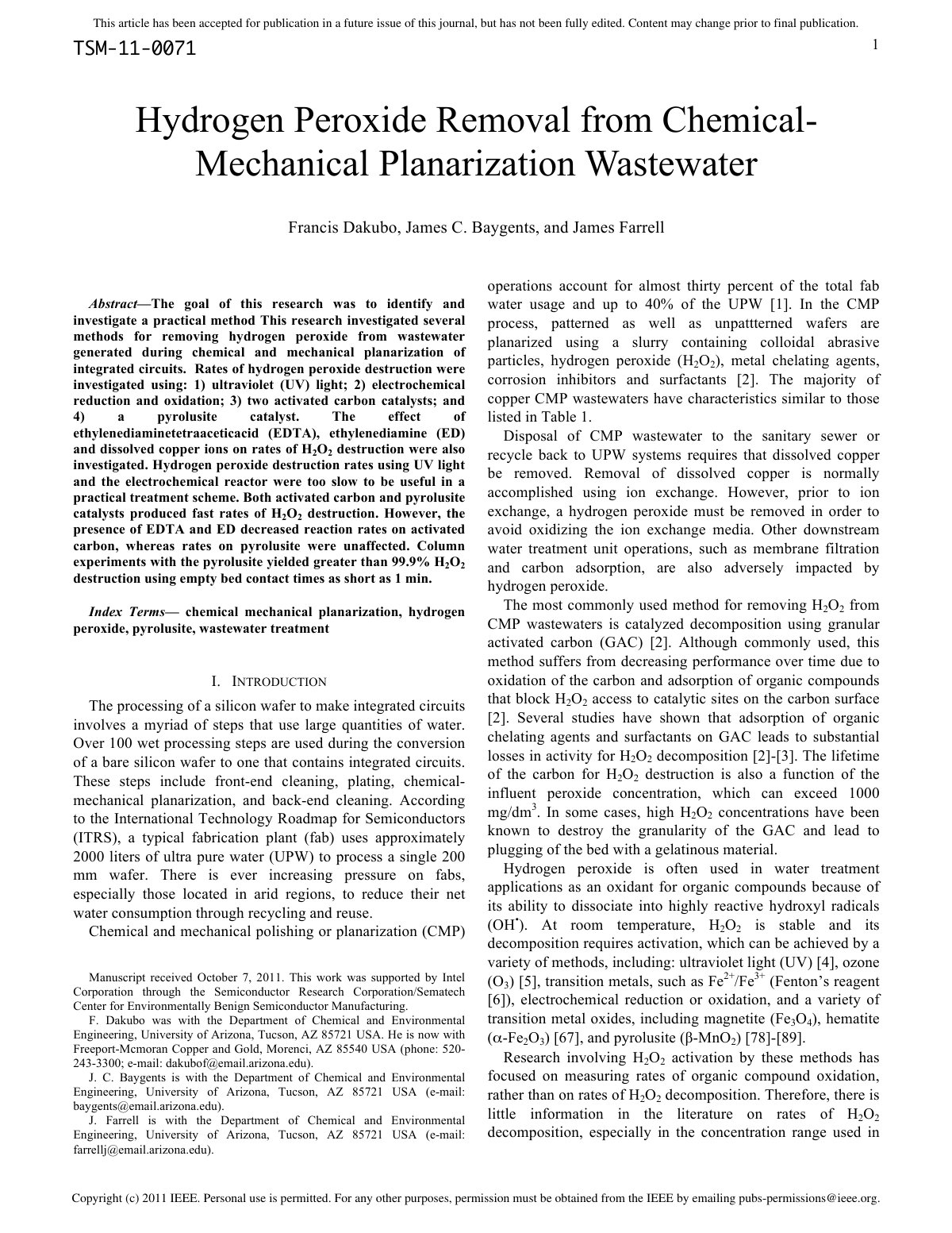 First page of Hydrogen Peroxide Removal From Chemical