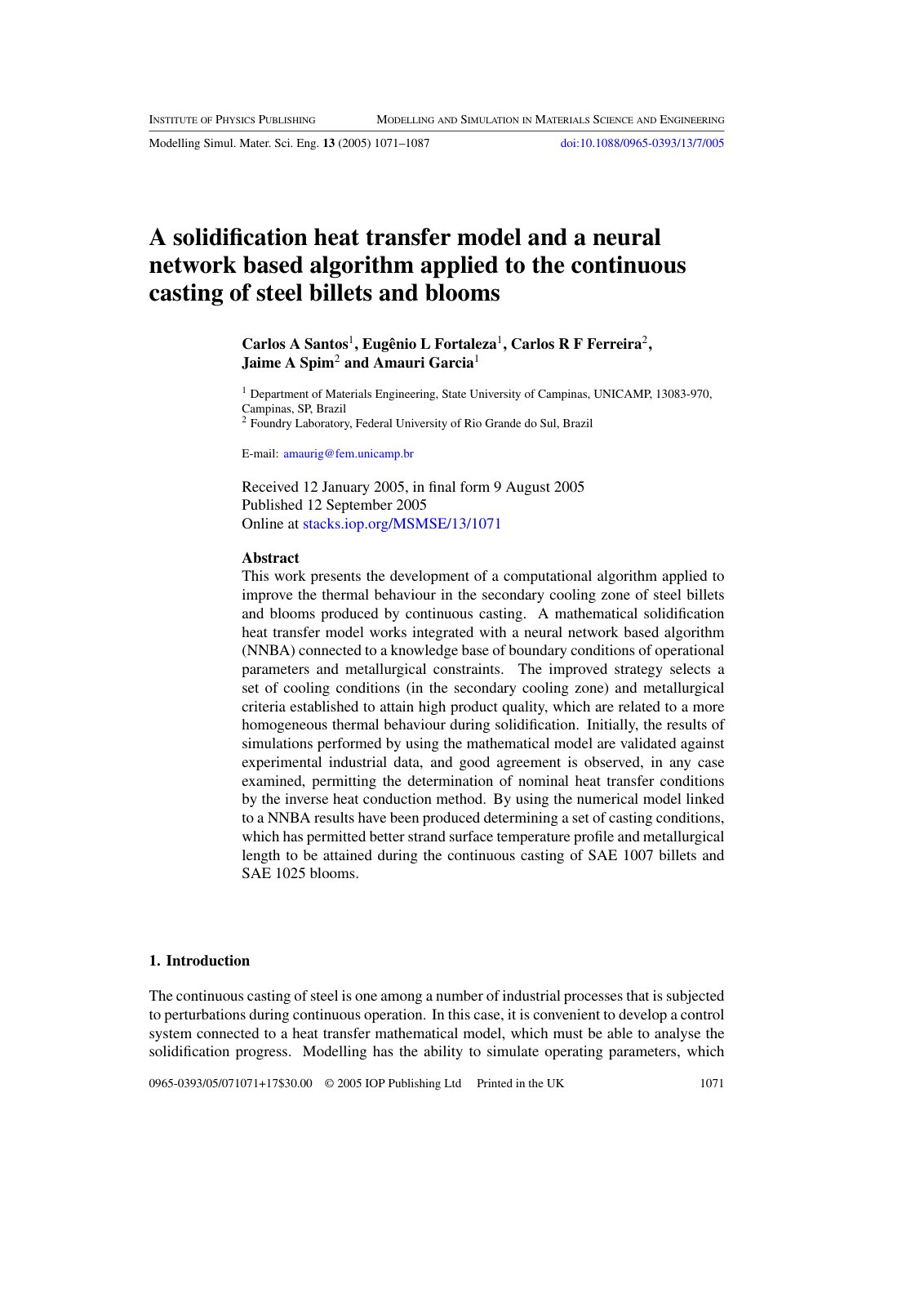 First page of A solidification heat transfer model and