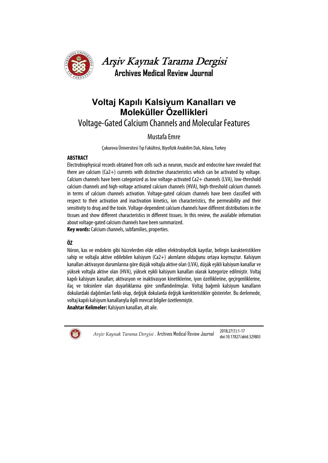 First page of Voltaj Kapılı Kalsiyum Kanalları ve Moleküller Özellikleri