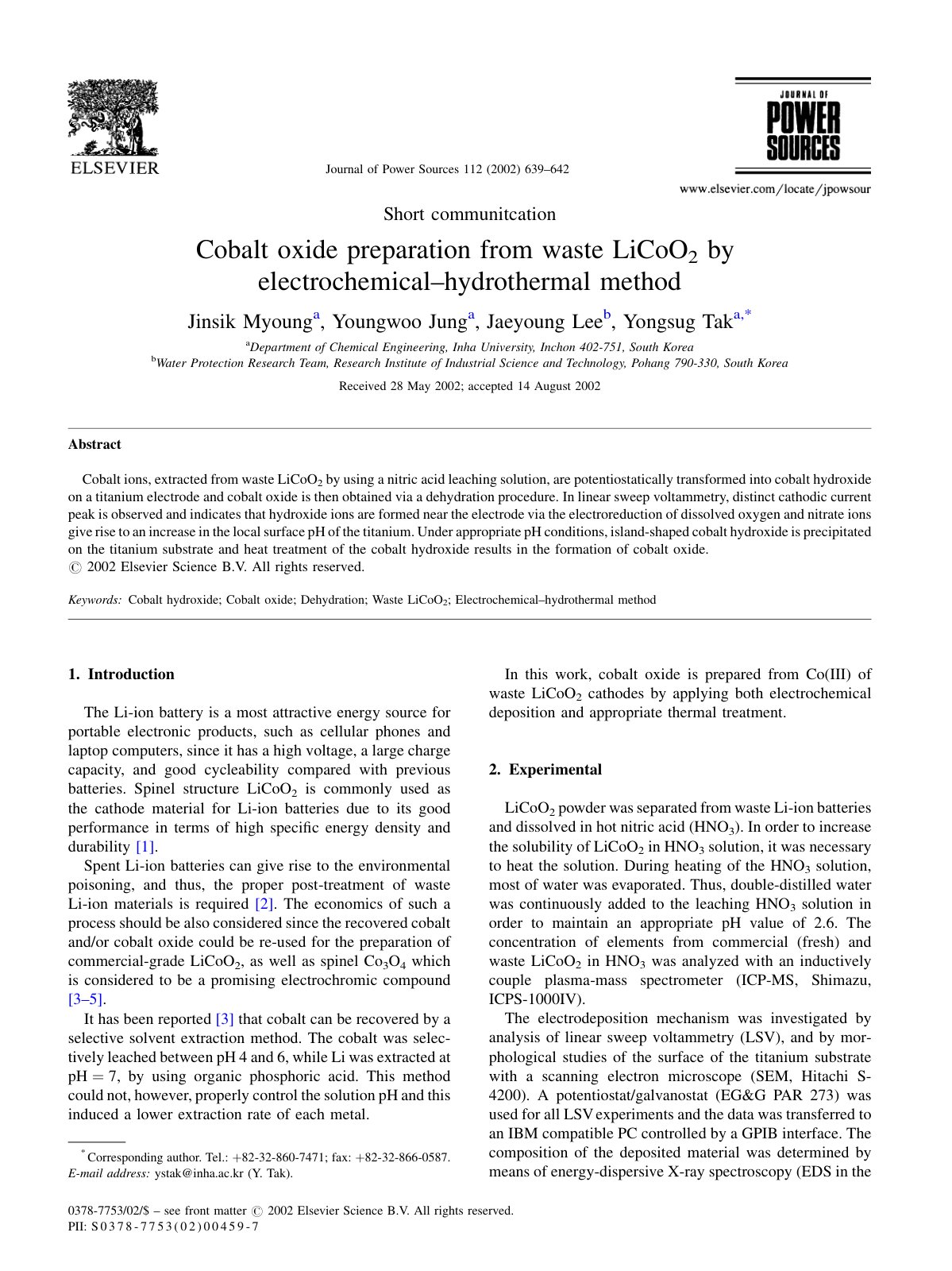First page of Cobalt oxide preparation from waste LiCo