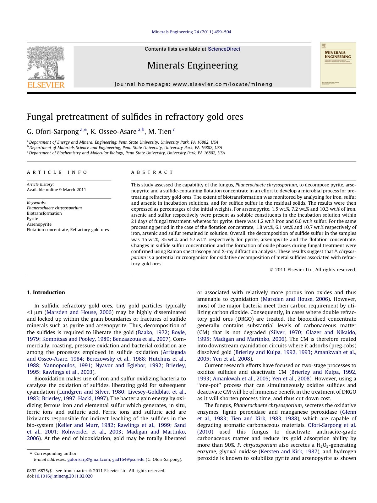 First page of Fungal pretreatment of sulfides in refra